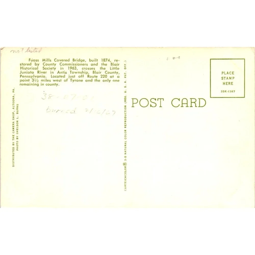Fuoss Mills Covered Bridge Postcard Travel Souvenir Unposted Blair County PA